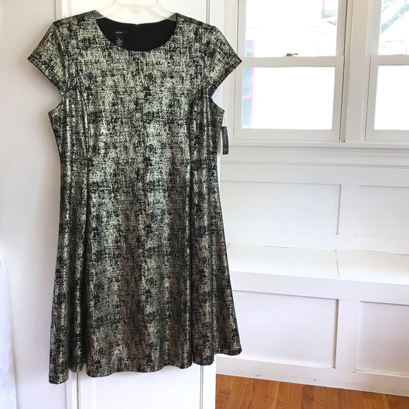 ALFANI Fit & Flare Midi Dress Metallic Shimmer Black Gold Women’s Plus Size 16 - Picture 1 of 16
